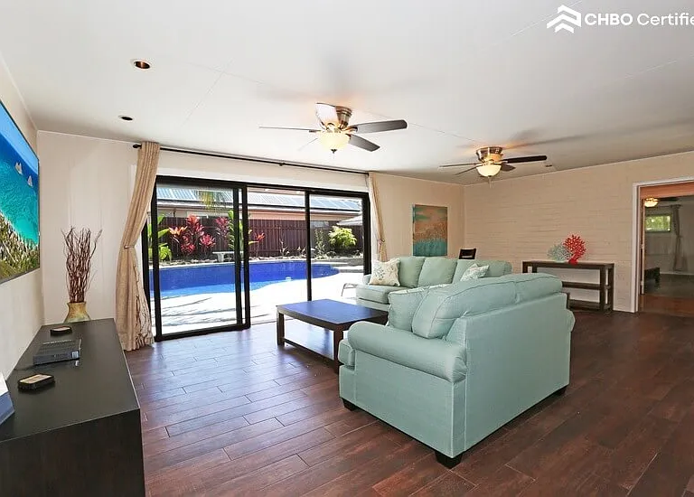 Living room with pool view