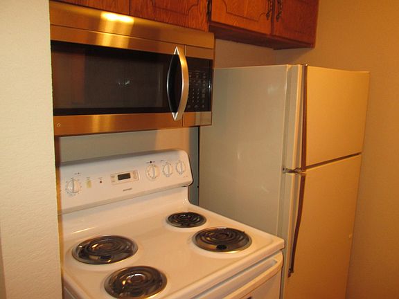 One side of the kitchen with stove, frig, and microwave