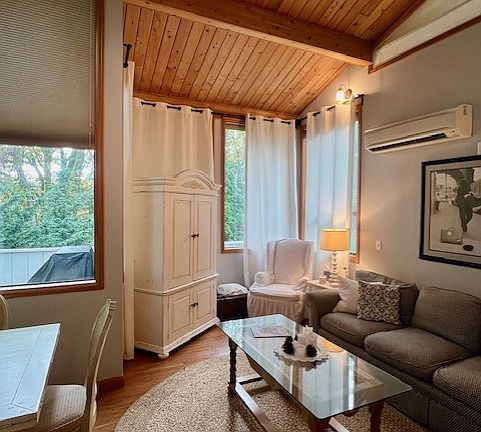 Another view as you enter the unit, looking in to main living area and out to the rear deck, beyond which lies trees for privacy from road. Adjust temperature to your liking w/ wall-mounted, individually controlled AC/Heat unit.