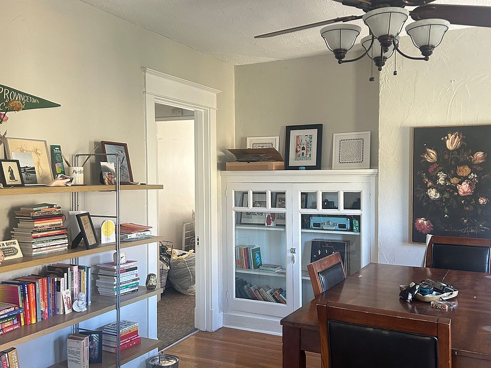 Dining room with built in bookshelves