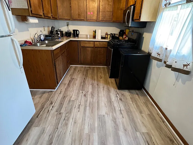 Kitchen with new flooring.