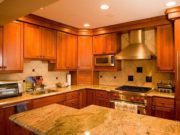 Professional kitchen with Sub-Zero refrigerator and Wolf stove.