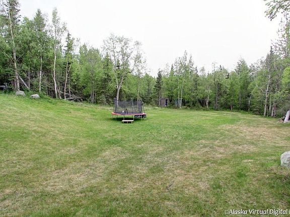 Large backyard surrounded by trees
