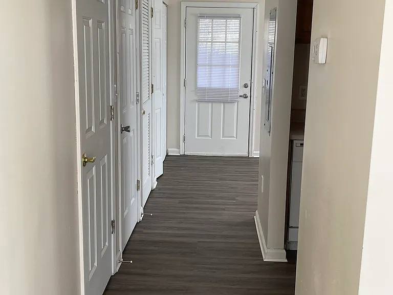 hallway to back door, dining area, kitchen and laundry