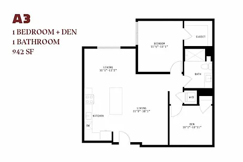 Floor plan Orlo One Bedroom Den A3