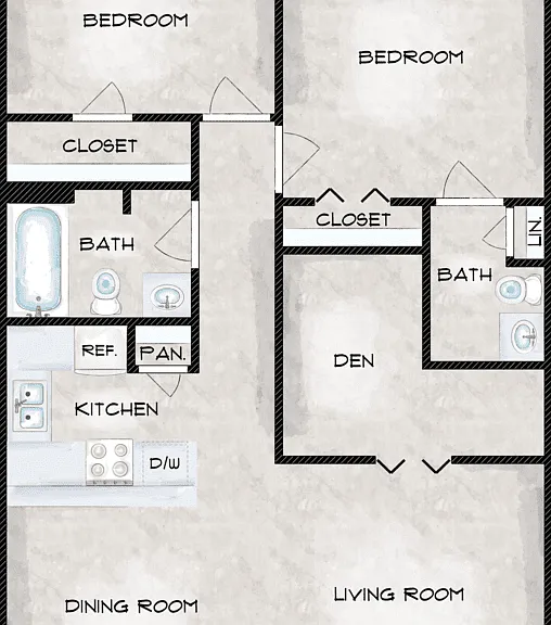 Two Bed One and Half Bath with Den Floorplan Diagram