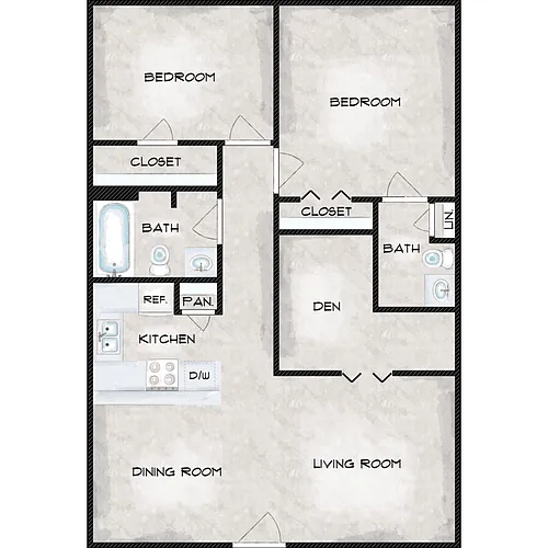 Floor plan Two Bed One and Half Bath with Den