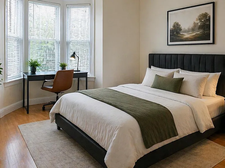 Well-appointed bedroom with a full bed, nightstands, and a dedicated desk area beside large bay windows for natural light.