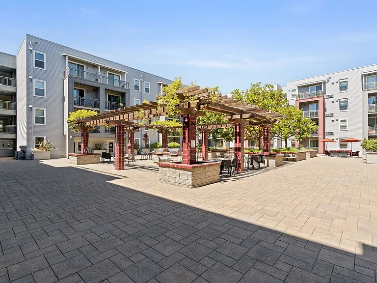 Expansive central courtyard with vine-covered pergolas and open-air seating.