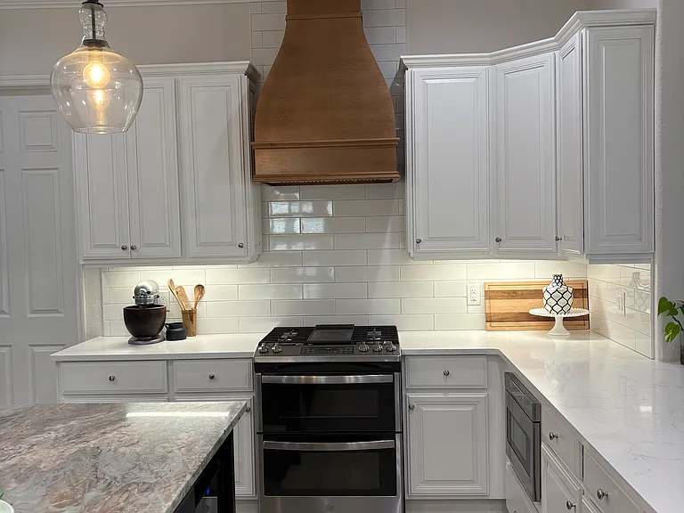 Designer stove hood, double oven and microwave drawer