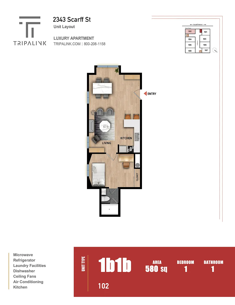 Floor plan 1 Bed 1 Bath - 580 sqft
