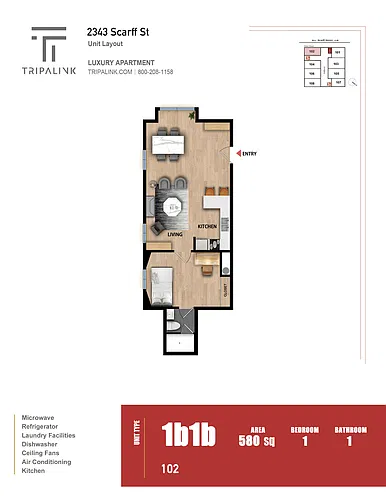 Floor plan 1 Bed 1 Bath - 580 sqft