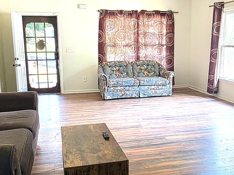 Shared space - spacious living room with couches, TV, coffee table, sofa bed and dining table
