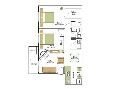 Floor plan 2 Bed, 1 Bath B