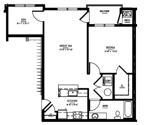 Floor plan 1 Bed/1 Bath Den-A1 Phase III