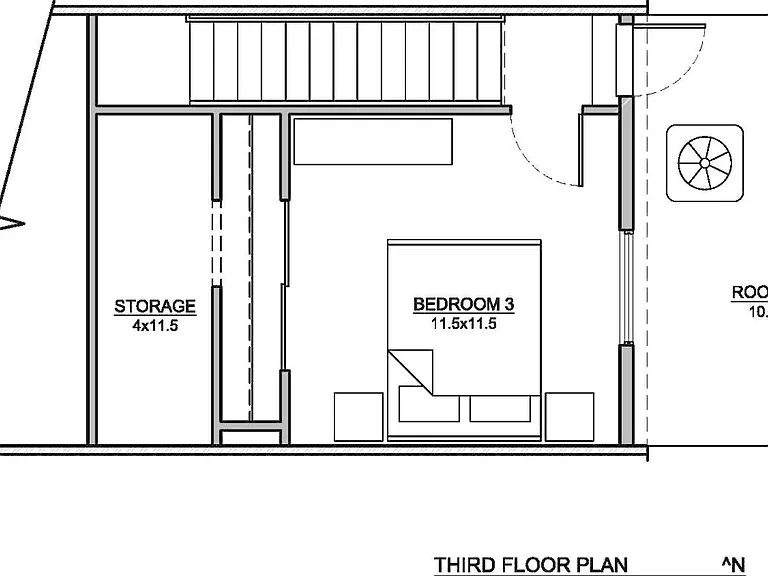 third floor plan w/ 3rd bedroom, additional storage and rooftop deck