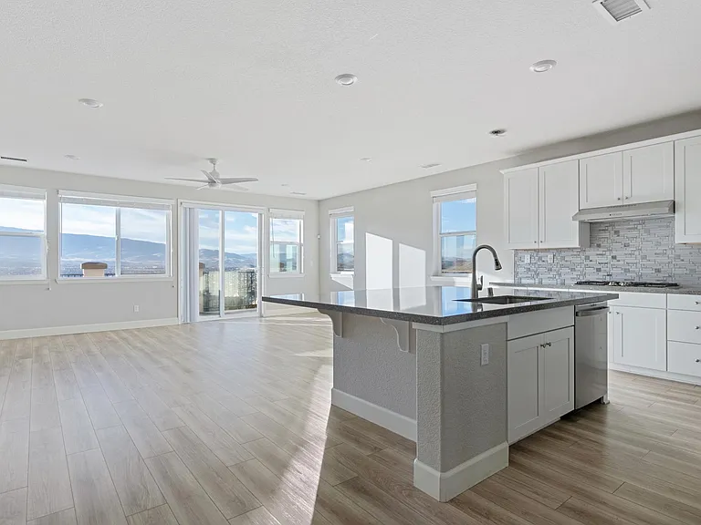 Kitchen island and living room