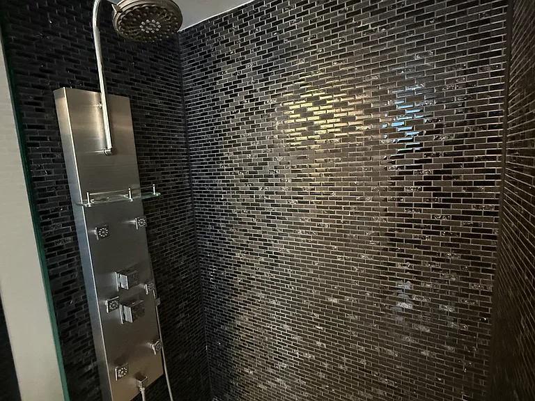 GUEST BATHROOM with custom quartz countertop, dimmable designer lighting & step-in shower with spa massage jets