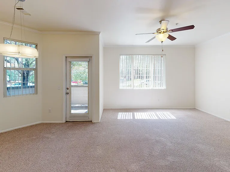Apartment living room with plush carpet flooring.