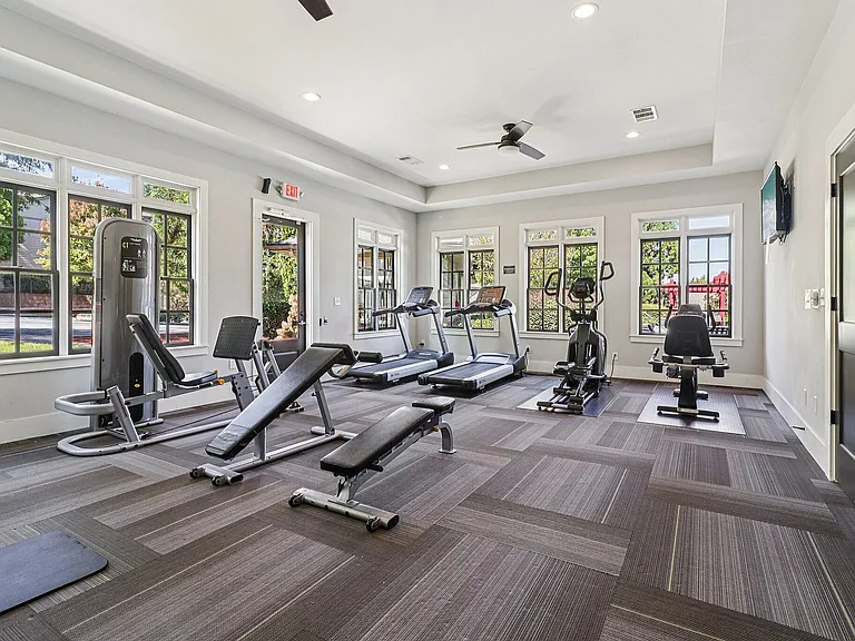 Bright, modern gym with large windows, featuring state-of-the-art equipment including treadmills, elliptical machines, and benches.