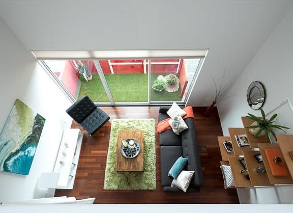 Birds eye view from bedroom upstairs, high ceilings and minimal Euro style living at it's best!