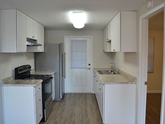 Kitchen are showing door to back yard.