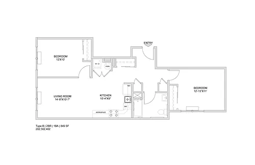Floor plan 2 Bed-1 Bath-A