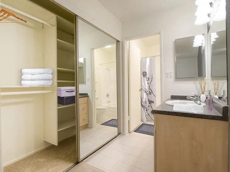 Classic Package I bath with maple cabinetry and dark grey laminate countertop