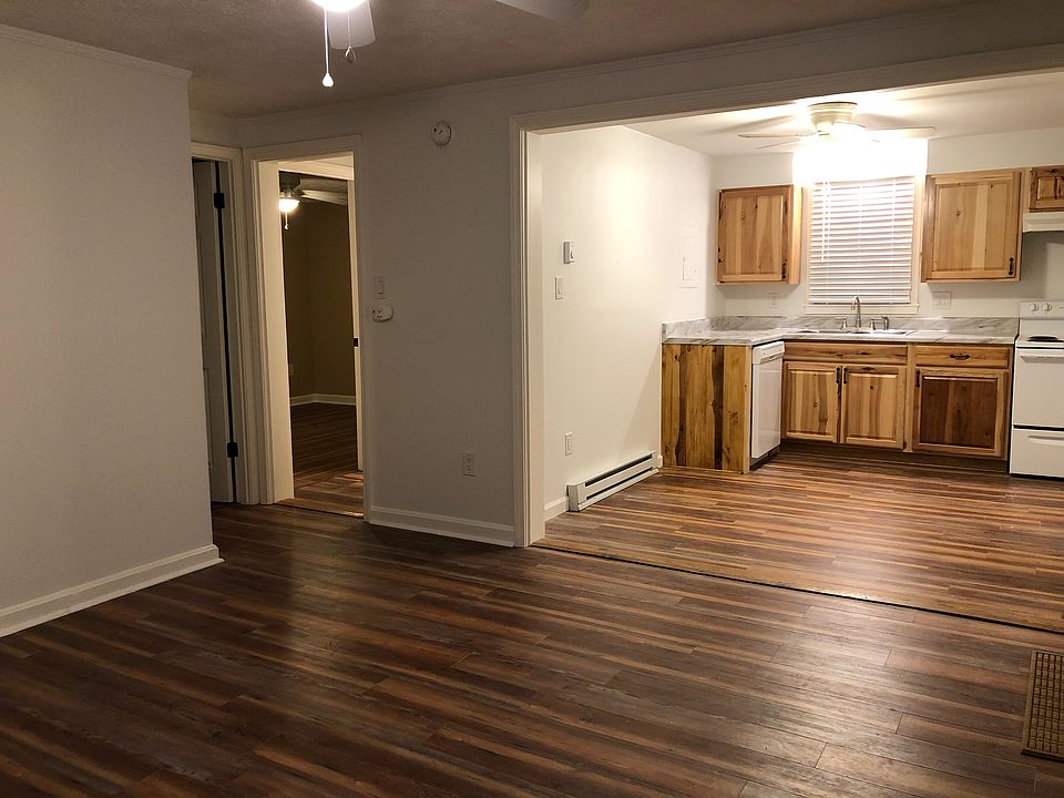 View from condo entrance into living room, kitchen, hallway and bedrooms.