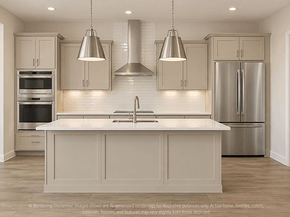 A kitchen with light-colored cabinets, a central island with a sink, stainless steel appliances, and