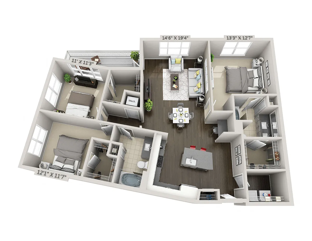 Floor plan D3 3 Bedroom 2 Bath