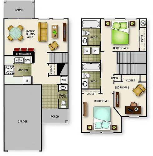 Floor plan Three Bedroom Two and One Half Bath