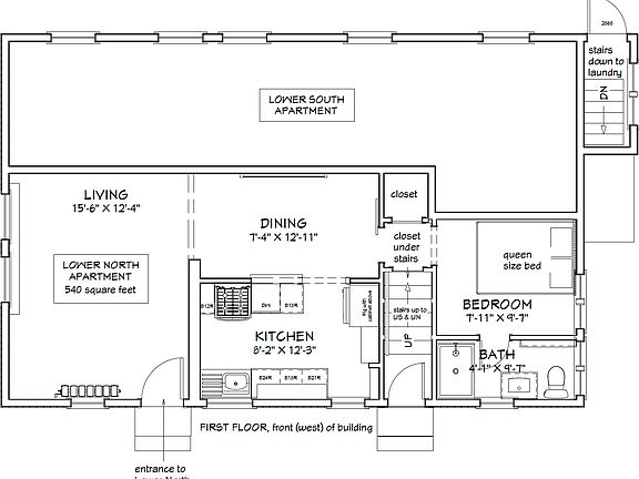 floor plan of Lower North. Other front entry leads to staircase to the two upper apartments