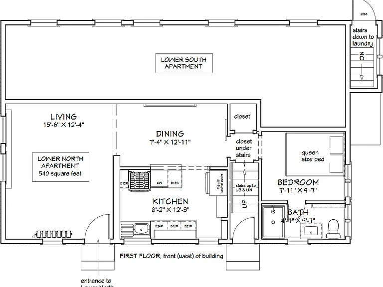 floor plan of Lower North. Other front entry leads to staircase to the two upper apartments