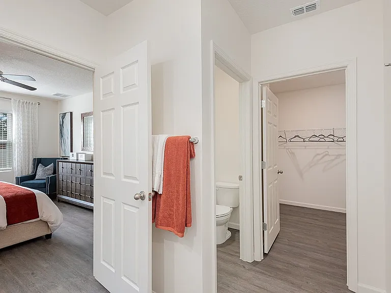 Modern apartment hallway with access to a bright bedroom, sleek bathroom, and spacious walk-in closet, highlighting chic decor and elegant flooring.
