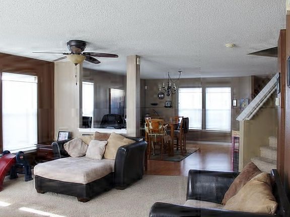 view from great room into dining