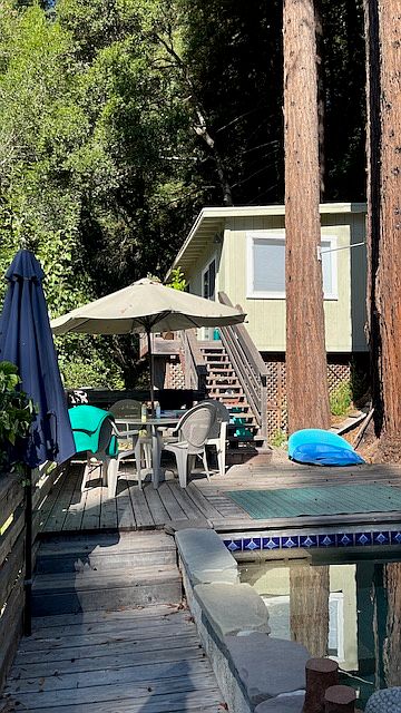 view from outside with shared pool which is filled 6 months out of the year.