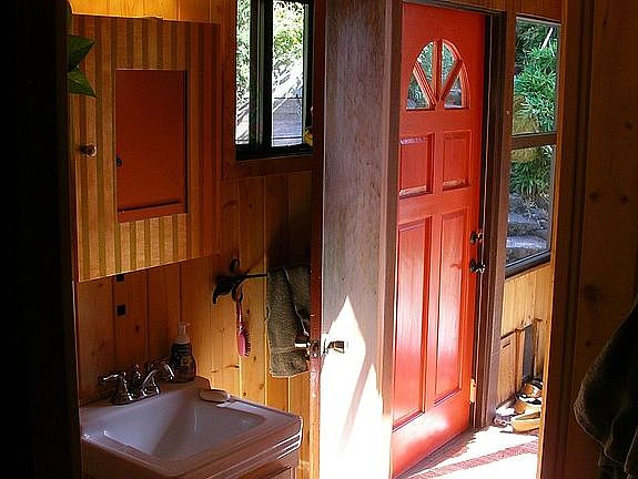 Wood Wall treament in upstairs full bath, tile floors