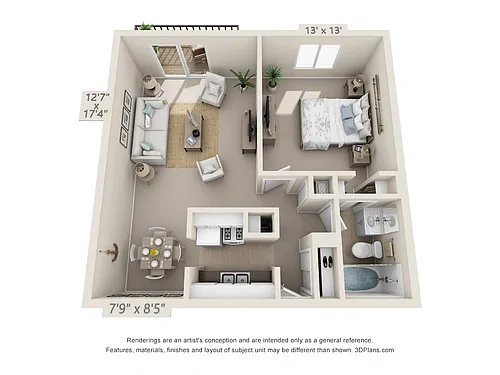Floor plan 1 Bedroom, 1 Bath 705 (Patio)