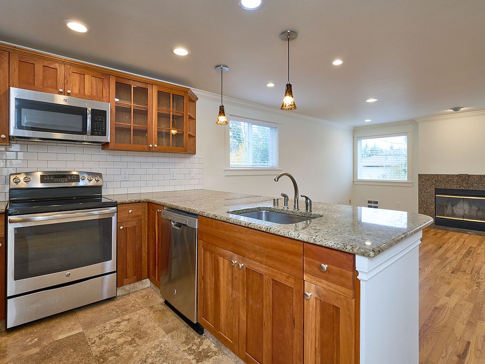 Kitchen, living room, fireplace