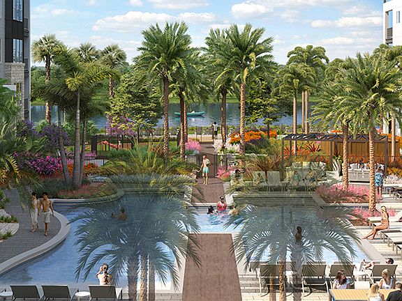 Resort-inspired pool experience with serene views and tropical greenery