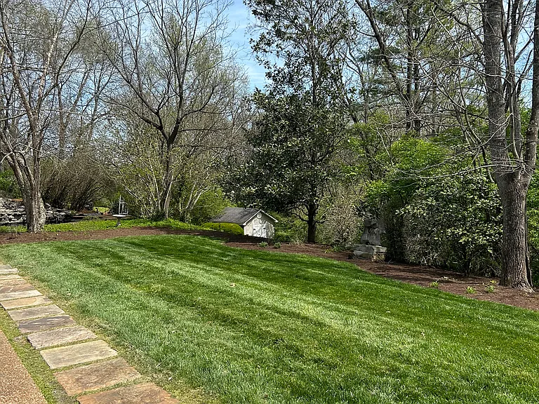 Side lawn with Koi pond and shed