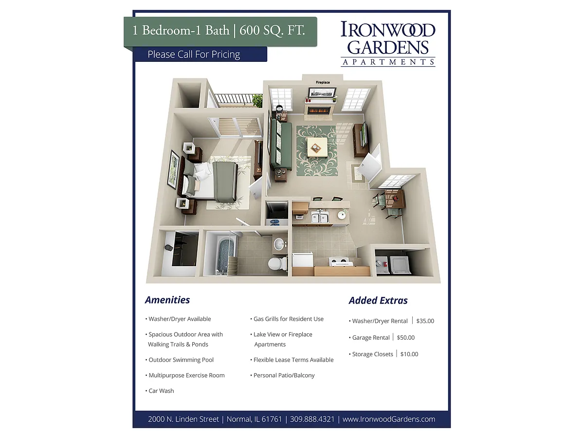 One bed 600 sq ft plan - Ironwood Gardens Apartments