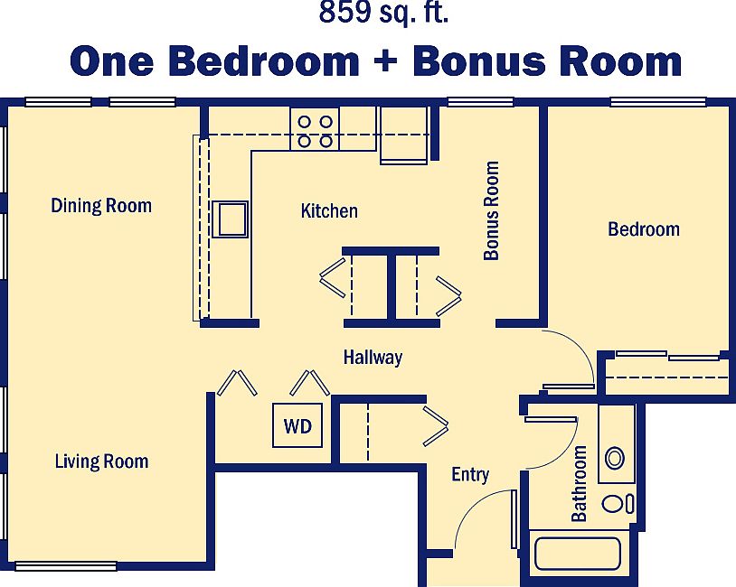 Floor plan shows one bedroom + bonus room