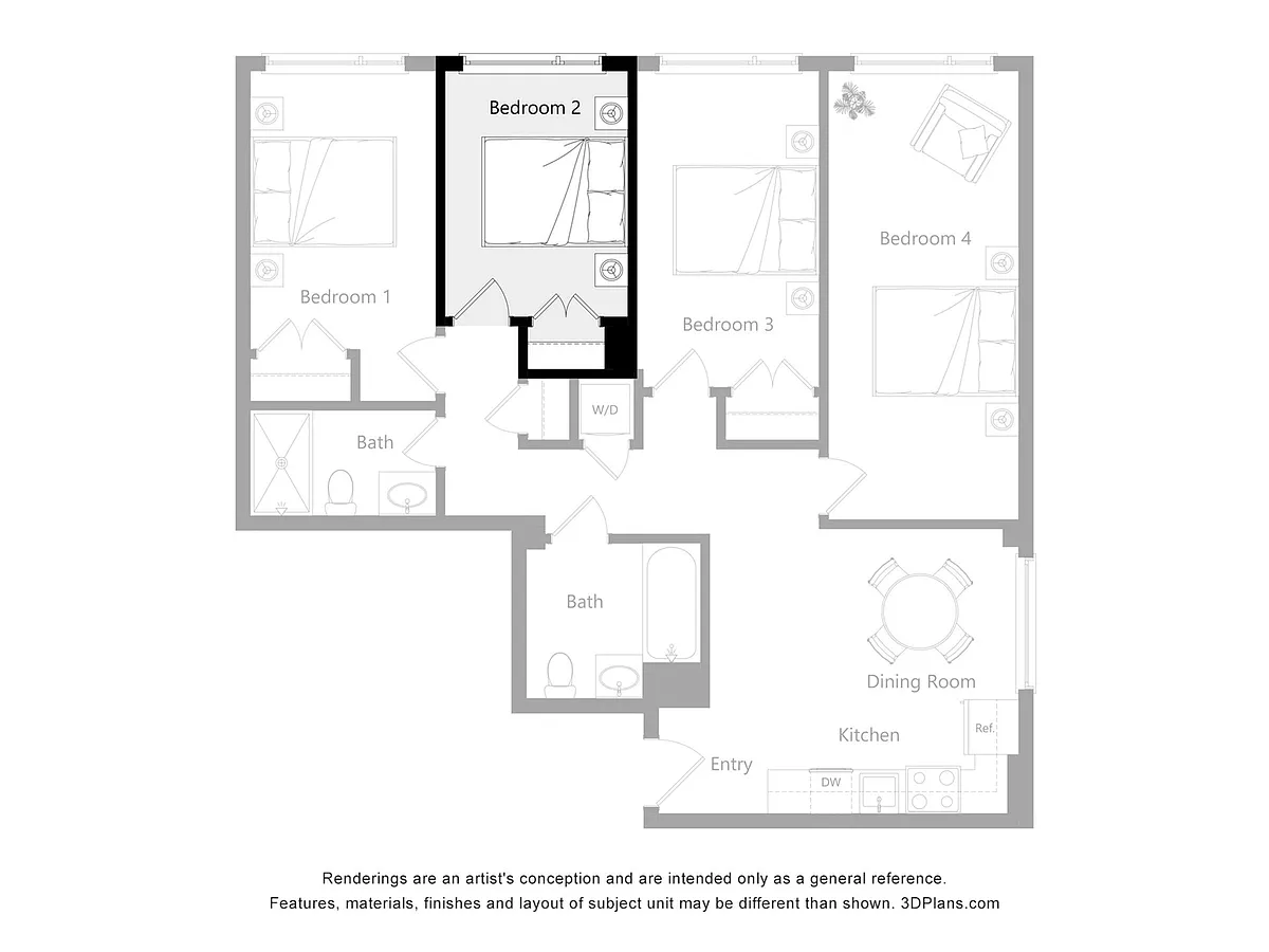 Floor plan Furnished Room in a 4 Bedroom 2 Bathroom (J2)