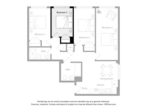 Floor plan Furnished Room in a 4 Bedroom 2 Bathroom (J2)