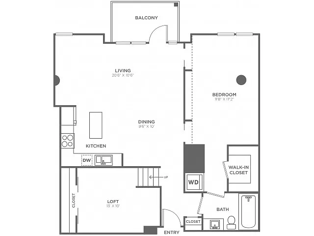 Floor plan One Bedroom One Bath w/Loft (1010 SF)
