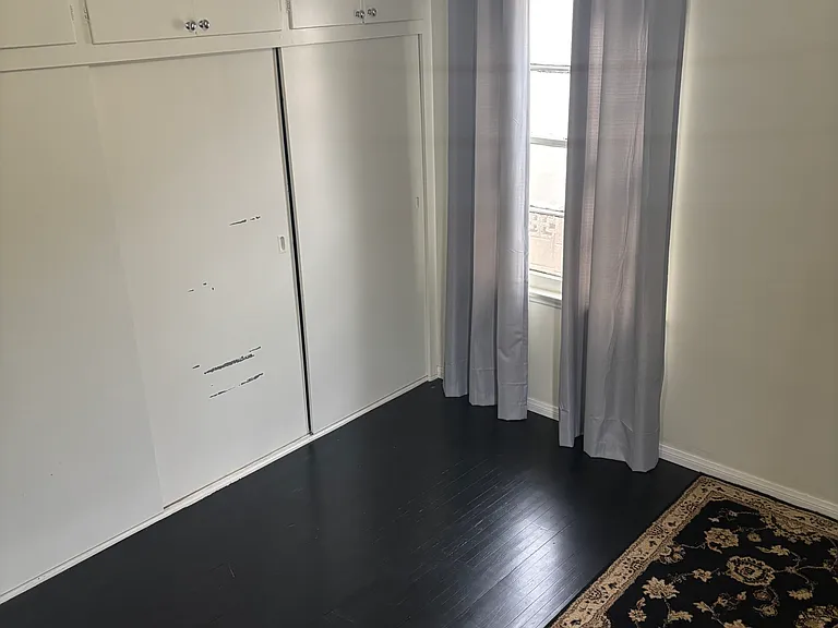 Bright and spacious bedroom with two large windows, a large closet, wood flooring, and a ceiling fan for added comfort.