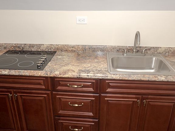 New kitchen counter, sink, cabinets and refrigerator. Stove top only, does not include an oven for baking.
