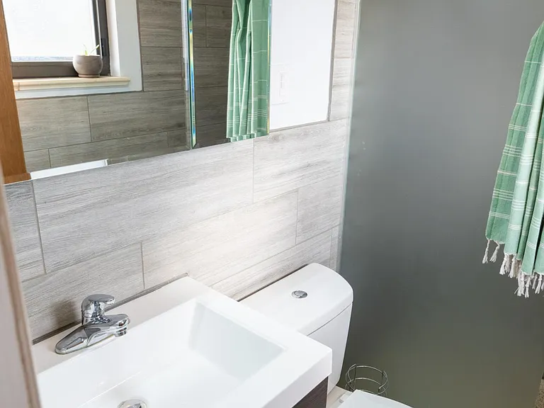 Primary bathroom sink, vanity, toilet, and medicine cabinet. Shower is on the right.